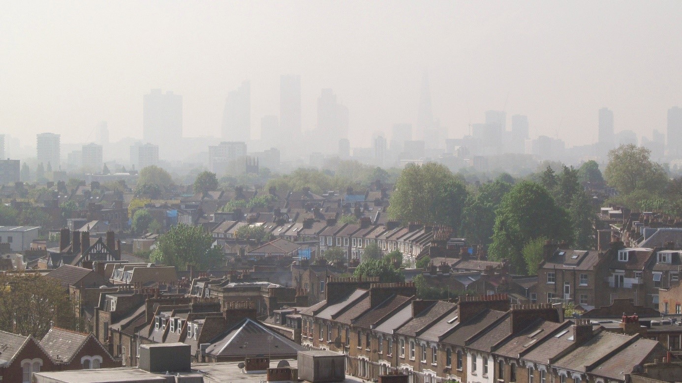 A view to smoggy Central London from Hackney